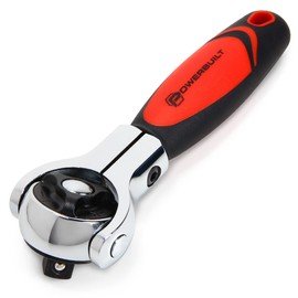 Powerbuilt 3/8 Inch Drive Swivel Head Stubby Ratchet, Swivel Head and Solid Grip, Small Size Ratchet for Tight Spaces, 72 Tooth - Red 940482