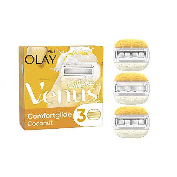 Gillette Venus ComfortGlide Coconut with Olay Razor Blades Women, Pack of 3, 2-In-1 Razor Blade Refills with Moisture Bars