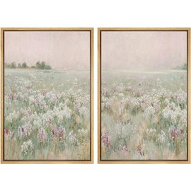 Ashbrook Framed Canvas Print Wall Art Set Serene Meadow Field Pastel Floral Landscape in Hazy Dawn Light Illustrations Modern Art Decorative for Living Room, Bedroom, Office - 16"x24"x2 Natural