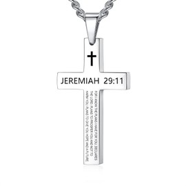 REVEMCN Inspirational Bible Verse Cross Necklace for Men Boys, Stainless Steel Plain Black Silver Cross Pendant Necklace for Men 20-24 Inches Curb Chain Faith Jewelry Gift, Stainless Steel, not