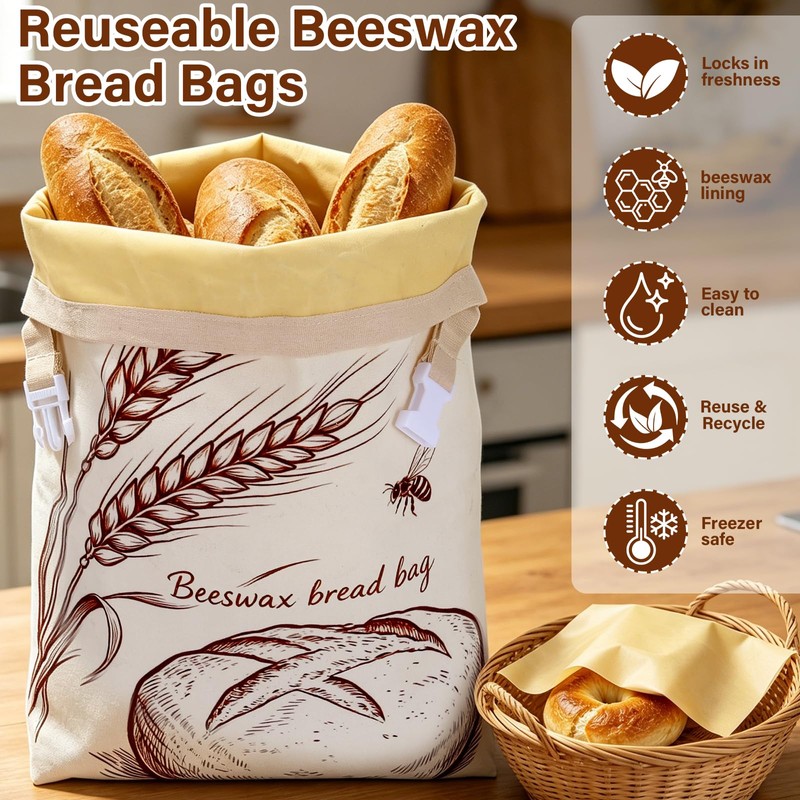 2-Pack Beeswax Bread Bags & 3 Wraps for Sourdough &