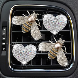 Bling Bee Air Vent Clips, Crystal Bee Car Air Fresheners Vent Clips Car Diffuser Vent Clip Rhinestone Bee Car Decoration Car Interior Decor Bling Car Accessories for Women (Bee&Heart)