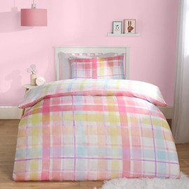 OHS Gingham Check Double Duvet Covers with Pillowcases, Quilt Covers Bed Set Soft Microfibre Plaid Tartan Breathable Bedding, Pink/Yellow