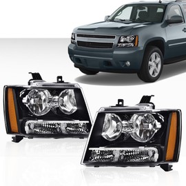 GRAND ORANGE Headlights Assembly Compatible with 2007-2014 Chevy Suburban Tahoe/Fit for 07-13 Chevy Avalanche Headlamps Driver & Passenger Side Clear lens Black Housing Amber Reflector GM2503263
