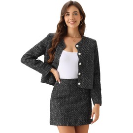 Allegra K Tweed Blazer Set for Women's Elegant Work 2 Piece Blazer Skirt Suit Black Large