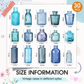 Yaomiao 30 Pcs Vases Bulk Colored Flower Glass Vases Bud Vintage Colored Glass Bottles Colorful Rustic Embossed for Home Wedding Table Decorations Gifts (Blue Series)