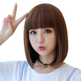 LESUN Wig, Full Wig, Straight, Bob, Oblique Bangs, Semi-Short, Smooth Straight, Fluffy, Makes Your Face Look Smaller, Loose and Cute, Heat Resistant, With Net (Black, Flat)