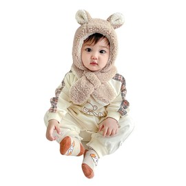 2 In 1 Baby Winter Hat Scarf Set Kids Toddler Hoodie Scarf Earflap Hat Children Thermal Balaclava Hat Neck Warmer Warm Hood Hat Fleece Lined Hat Scarves with Ears for Boys Girls 6 Months-4 Years