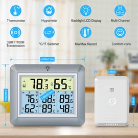 Urageuxy Wireless Indoor Outdoor Thermometer, Digital Hygrometer Temperature Monitor with 3 Remote Sensors for Home, Greenhouse, Bedroom, Kitchen, Refrigerator, Grey