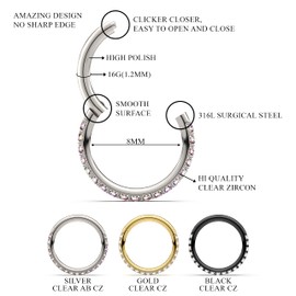 AVNIS Nose Ring Jewelry for Women – Stainless Steel Clear CZ Helix Piercing Hoop – 20G Tragus Earring – Modern Helix Rings