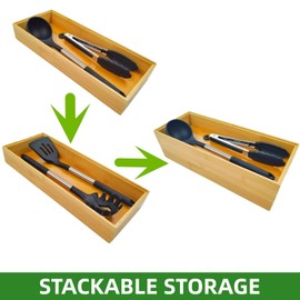 ROLiGHTiC Wooden Bamboo Kitchen Drawer Organizer Box, Stackable Tray Utensil Organizer for Office, Cabinets, Shelves, Pantry, or Bathroom Counter, Drawer Dividers for Silverware Set of 2, 12x6x2 inch