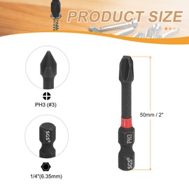 sourcing map #3 Phillips Impact Screwdriver Bit PH3 1/4" Hex Shank 2" (50mm) Long Magnetic Cross Head Drill Bits S2 Steel Industrial Screw Driver for Impact Power Drivers, Black/Red