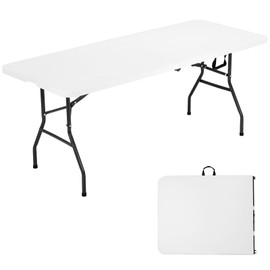 PIKAQTOP 6ft Plastic Folding Table - Heavy Duty Foldable Utility Table for Camping, Picnic, BBQ, Party - Portable and Easy to Carry - 500LBS Capacity - White