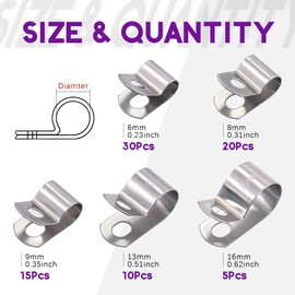 Swpeet 80Pcs 304 Stainless Steel 6mm-16mm Vinyl Cable Coated Clamps Assortment Kit, Without Rubber Cushioned Insulated Clamp, Metal Clamp, Tube Holder for Tube, Pipe or Wire Cord Installation