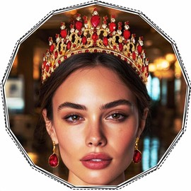 YBSHIN Light Up Gold Rhinestones Queen Crowns, Bridal Wedding Fantasy Crystal Tiaras, Pageant Prom Hair Pieces for Women (Red)