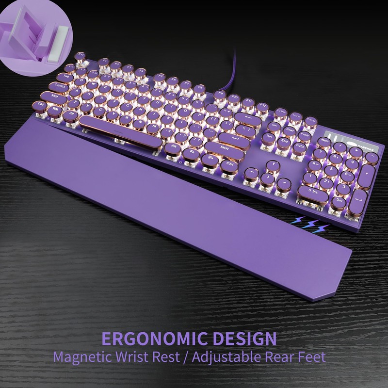 Camiysn Typewriter Style Mechanical Gaming Keyboard, Purple Retro Punk Gaming