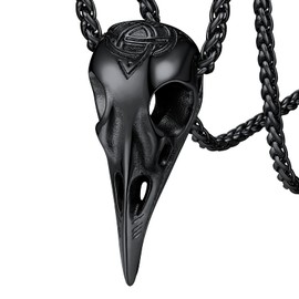 FaithHeart Viking Raven Necklace for Men, Gothic Bird Skull Pendant Necklaces Black, Viking Crow Amulet Jewellery Stainless Steel