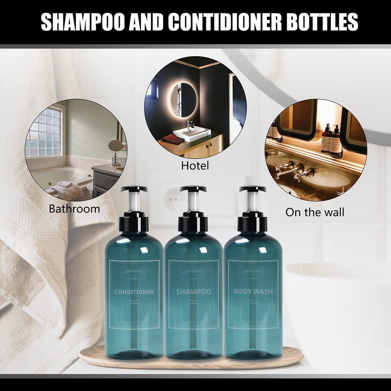 Shampoo Bottles with Pump, YACEYACE 3Pcs 16.9oz Blue Clear Empty