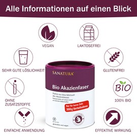 Sanatura Akazienfaser Pulver Bio – 300 g – wertvoller Ballaststofflieferant aus Akazienfasern - lösliche Ballaststoffe - vegan, glutenfrei und fructosefrei – gut verträglich