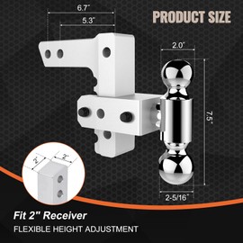 TOPAZ Adjustable Trailer Hitch Ball Mount for 2” Receiver - 6” Drop/Rise Aluminum | 12500 lbs GTW | 2” & 2-5/16” Dual Balls | Truck Tow Hitch w/ Anti-Theft Lock & Hitch Tightener