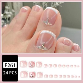 White French Tip Press on Toenails Short Square Fake Toes with Rhinestone Design Nude Glue on Toenails Glossy Acrylic Full Cover Stick on Toenails for Women Girls Foot Manicure 24 pcs