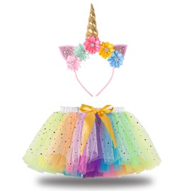 Hifot Unicorn Costume Princess Set of 2, Rainbow Tutu Skirt Girls Costume Tulle Skirt, Unicorn Headband for Girls for Unicorn Cosplay Children's Birthday Carnival