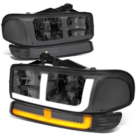 Auto Dynasty LED DRL Headlights Assembly Compatible with 1999-2007 GMC Sierra Yukon XL 1500 2500 3500, 4Pcs Headlamps Replacement w/Bumper Lamps, F-LED Switchback DRL, Smoked Lens Clear Corner