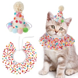 Cat Birthday Hat Outfit Bandana Scarf, Party Hat Dog Costumes Cute Lace Puppy Bib Scarf Party Decorations Set for Small Medium Cats & Doggy