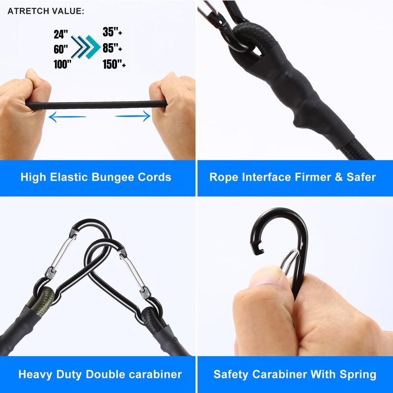 Carabiner Bungee Cords Heavy Duty Outdoor Black 60 inch 3