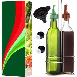 Poura Vinegar and Olive Oil Bottle Drizzler Set with Unique ClickSeal Pour Spouts | Glass Oil & Vinegar Dispenser Bottles for Cooking Kitchen Dining | Hygienic Covers + Silicone Decanter Funnel 500ml