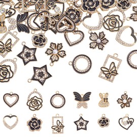 CRAFTYMELODY 48Pcs 12 Styles Rhinestones Charms Alloy Enamel Love Pendants with Crystal Rhinestone Flower Butterfly Round Ring Charm for Necklace Bracelet Earrings Jewelry Making DIY Craft