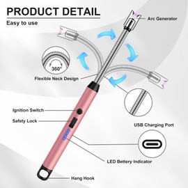 LcFun Electric Candle Lighter with 360° Flexible Neck & Safety Lock, Windproof USB Rechargeable Flameless Arc Long Lighters for Grill, BBQ, Camping, Fireplace, Stove