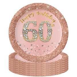 16Pcs 60th Birthday Rose Gold Paper Plates 7 inch,60th Rose Gold Woman Birthday Party Paper Plates,Happy 60th Birthday Tableware Decorations for Her,Women,60th Birthday Gifts Party Supplies