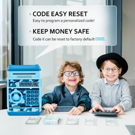 ATM Piggy Bank for Boys Girls, Vcertcpl Mini ATM Coin Bank Money Saving Box with Password, Kids Safe Money Jar for Adults with Auto Grab Bill Slot, Great Gift Toy Bank for Kids (Camouflage Light Blue)
