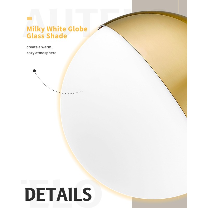 AUTELO 2 Pack Brushed Gold Pendant Lights, 8 Inch Glass
