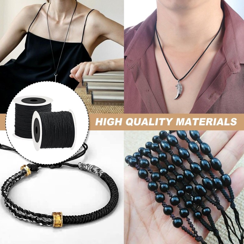 Black Nylon Cord for Bracelet Making, 0.8mm x 200m No-Elastic