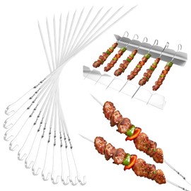 Stainless Steel Barbecue Skewers with 2 Grill Skewers Rack, Barbecue Skewer Set, 12 Kebab Skewers Stainless Steel 28.5 cm, Metal Skewers for Grilling, BBQ Flat Meat Skewers, Skewers Grill for Most