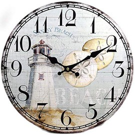 Wall Clock Wood Lighthouse Decorative 13 Inch Beach Theme Perfect Decor for Kitchen Bathroom Office Rustic Battery Operated Clocks Great Nautical Theme for Bedroom Ocean Decoration Ticking Tropical