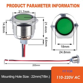 DMWD 2PCS 22mm (7/8") LED Indicator Light, 110-220VAC 20mA Energy Saving Metal Waterproof IP67 Single Lamp Pilot Lamp Flat Head with 20cm/7.87in. Wire for Car Truck Boat (Green)