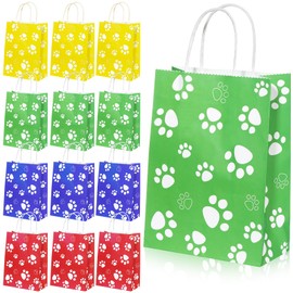 Blulu 20 Pcs Puppy Dog Paw Gift Bags with Paper Twist Handles, Dog Gift Paper Paw Treat Goodie Bags for PET Treat Party Favor, 6.3 x 3.1 x 8.6 Inch (Red Yellow Blue Green Backing，white Paws)