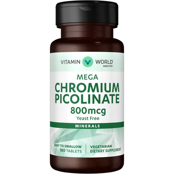 Vitamin World Mega Chromium Picolinate 800 mcg. 180 Tablets, Trace Mineral Supplement, Yeast-Free, Vegetarian, Gluten Free