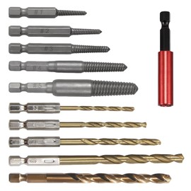 11PCS Screw Extractor Set 5 PCS HSS 4341 Screw Extractor Remover 5 PCS Twist Drill Bit Kit and 1 Extension Pole Screw Remover Double Ended for Damaged Broken Stripped Screws