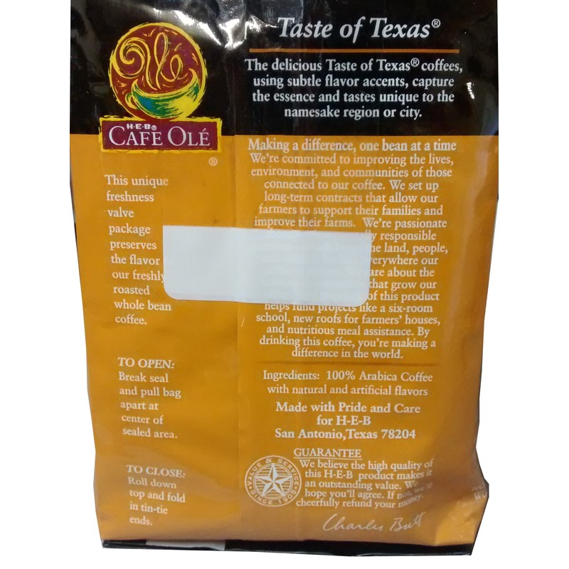 HEB Cafe Ole Whole Bean Coffee 12oz Bag (Pack of