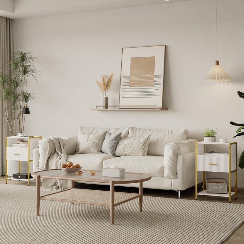 JOONEE Modern Nightstand, White and Gold Side Table with Drawer,