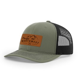 Alterd Industries Pacific Northwest Gifts - PNW Snapback Trucker Hat with Leatherette Patch Outdoorsy Hats for Men and Women Outdoor Lifestyle Caps Camping Hiking Cap (Loden/Black, PNW Mountains Lthr)