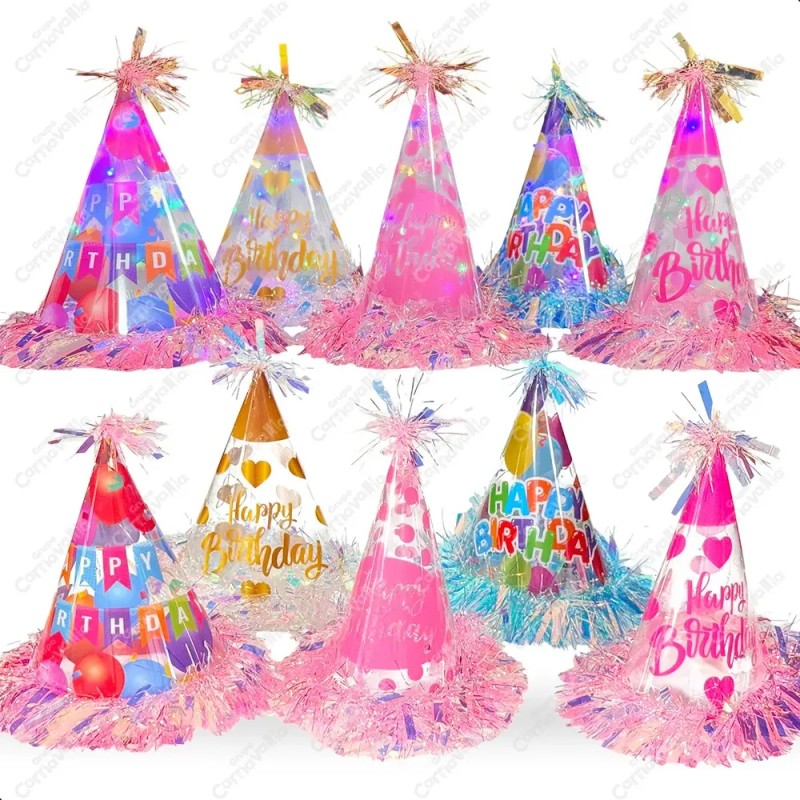 5 Gorros Led Cono Escarcha Tornasol Fiesta Feliz Cumpleaños Iridiscente