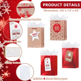 OFIHANLY 4 Pack 9" Small Size Christmas Gift Bags with Handles for Xmas Holiday Presents Reusable Red & Brown Cute Paper Wrapping Bag with Tissue Paper for Kids