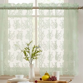 HLC.ME Jolene Floral Rod Pocket Lace Semi Sheer Voile Short Cafe Tiers for Small Windows - 28 x 24 Inch Length (Seafoam Green Tiers, Set of 2)