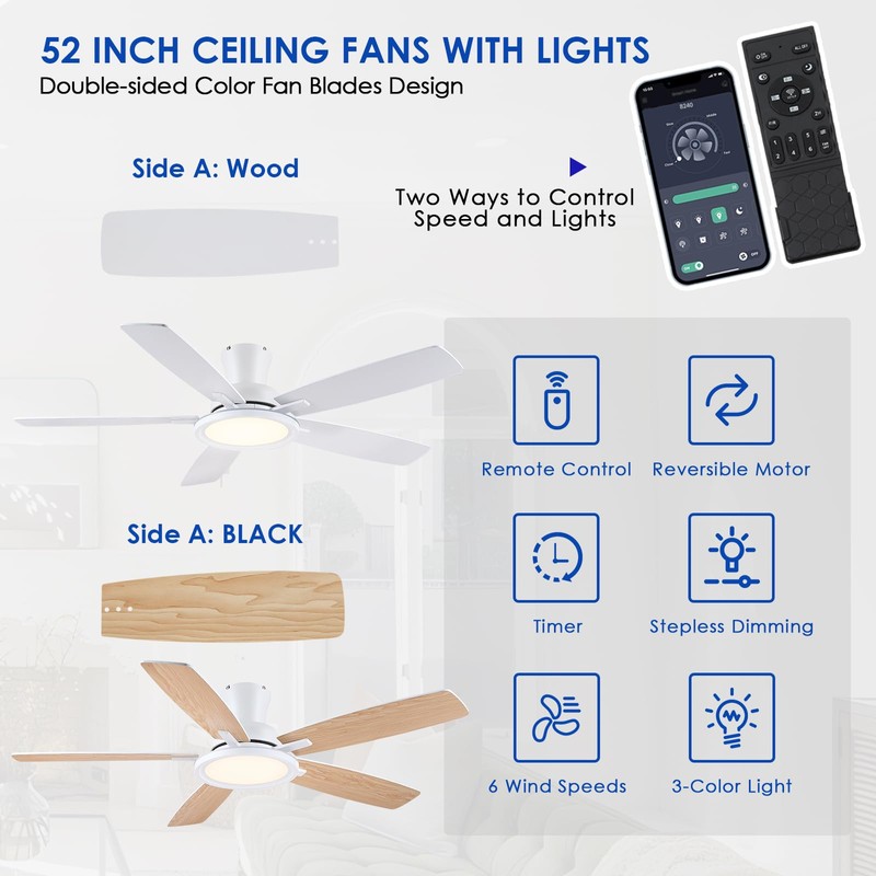BYKISTOK Flush Mount RGB Ceiling Fan with RGB Light -