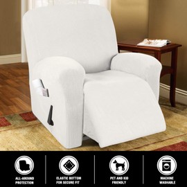 Stretch Recliner Chair Cover Recliner Slipcover 1 Piece Furniture Protector with Elastic Bottom Chair Slipcover with Side Pocket Thick Soft Small Checked Jacquard Chair Cover, Off White